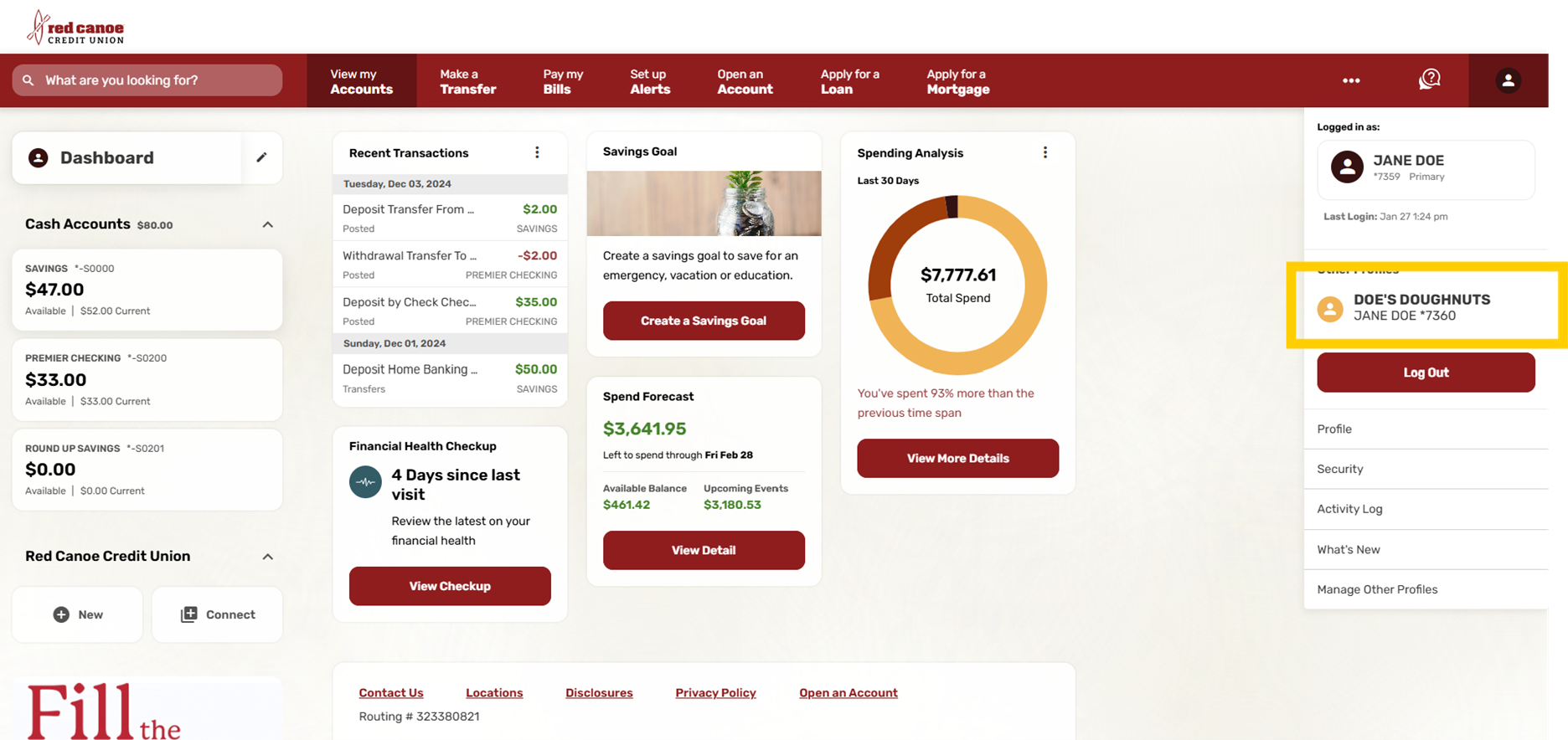 How do I switch between different Red Canoe accounts in Online Banking?